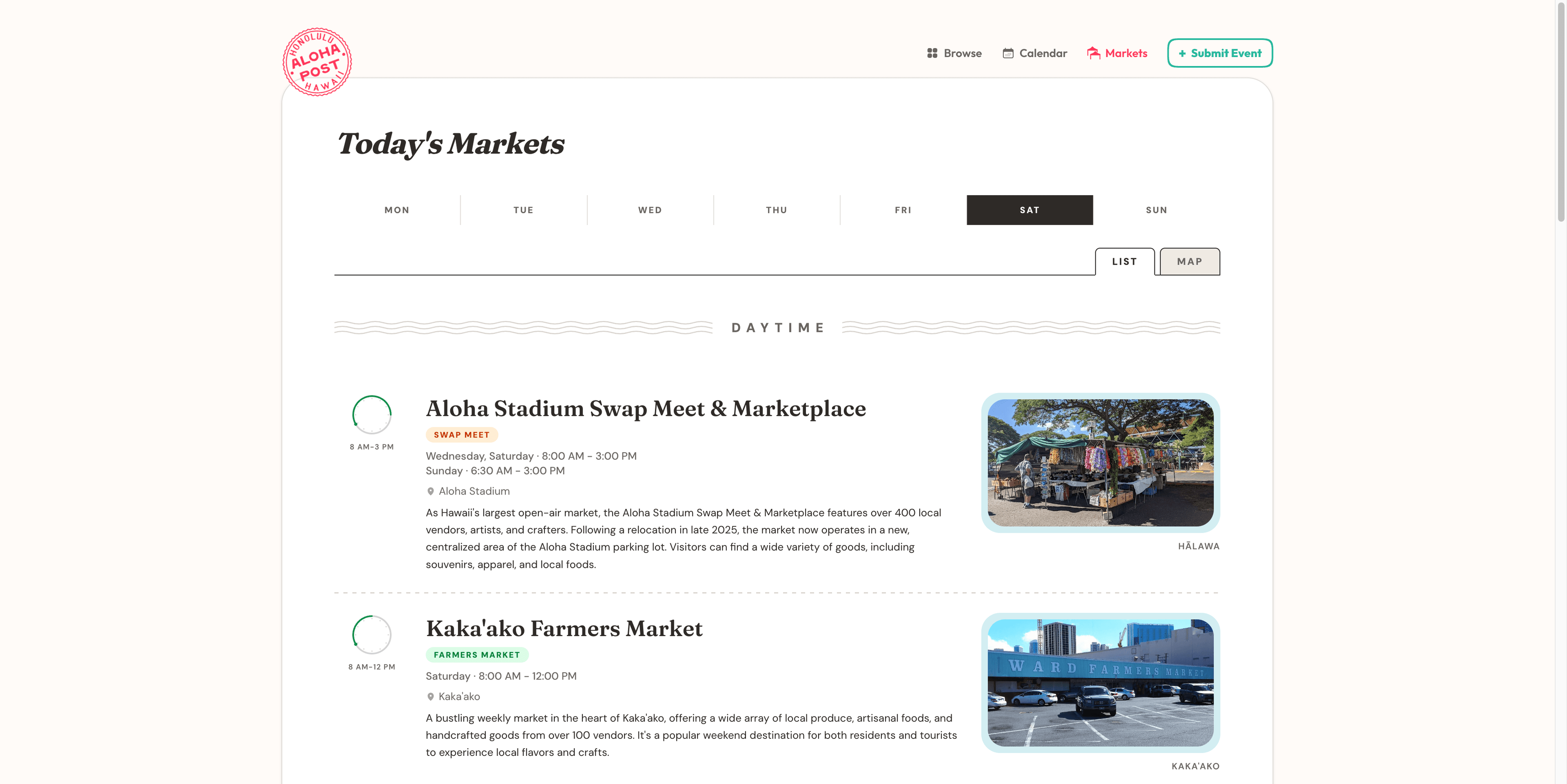 Aloha Post’s markets page with weekday filters and local market listings