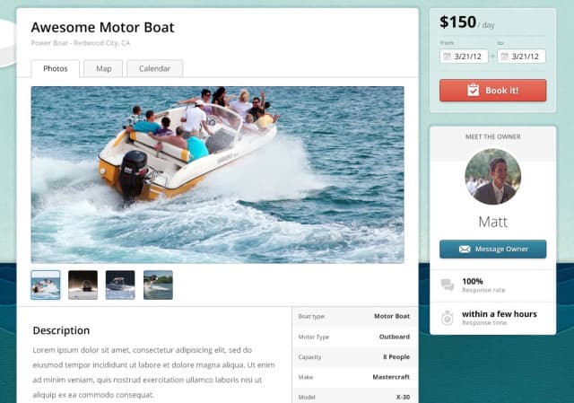 Boatbound rental details with boat photographs, specifications, owner information, and booking controls