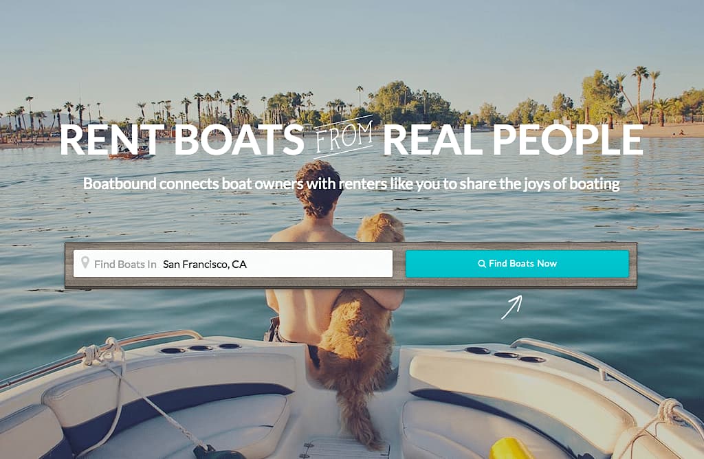 Boatbound homepage with a boat rental search over a photograph of a man and dog on a boat