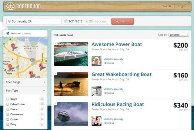 Boatbound search results with map, boat filters, rental listings, and daily prices