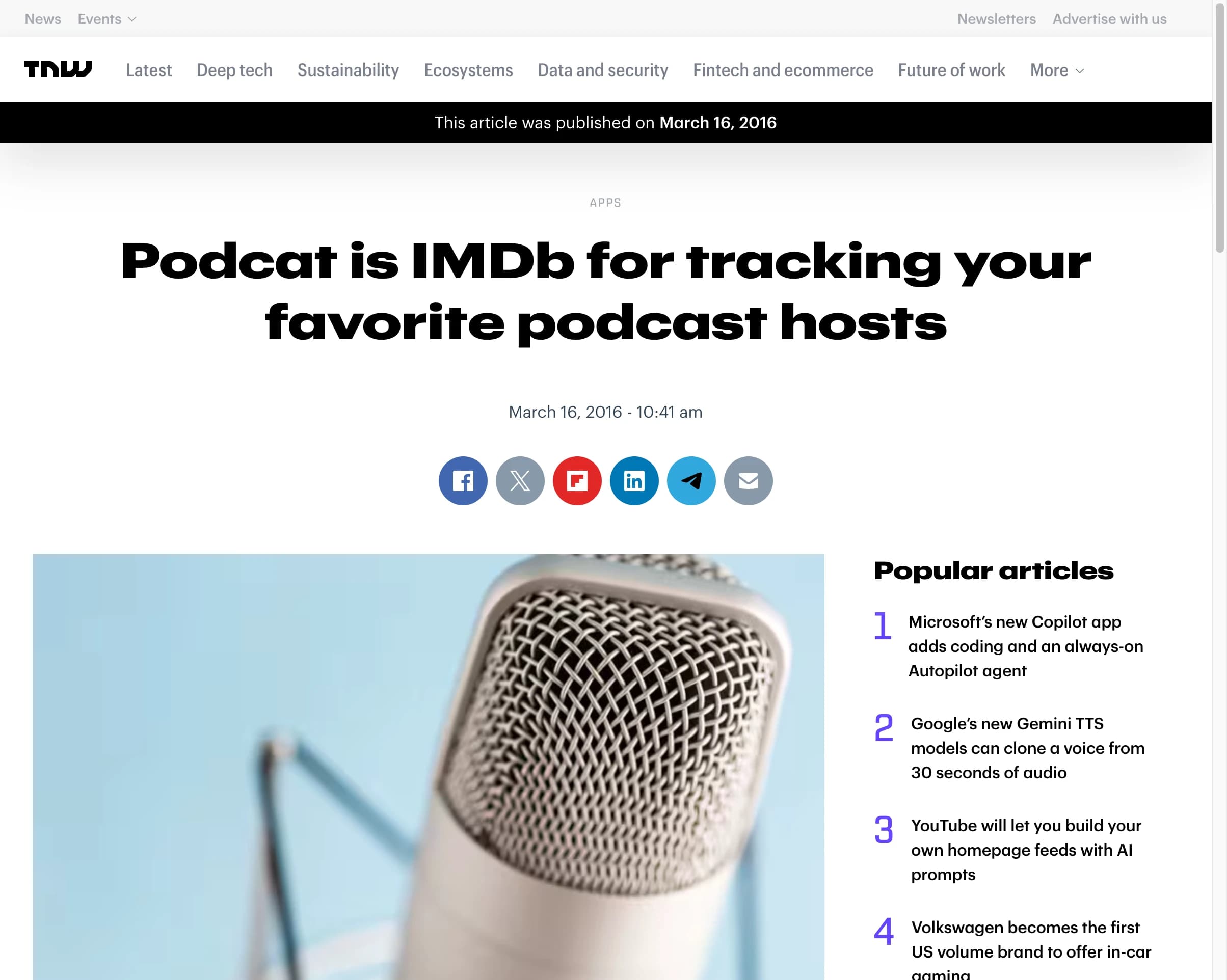 The Next Web article featuring Podcat as an IMDb for tracking podcast hosts