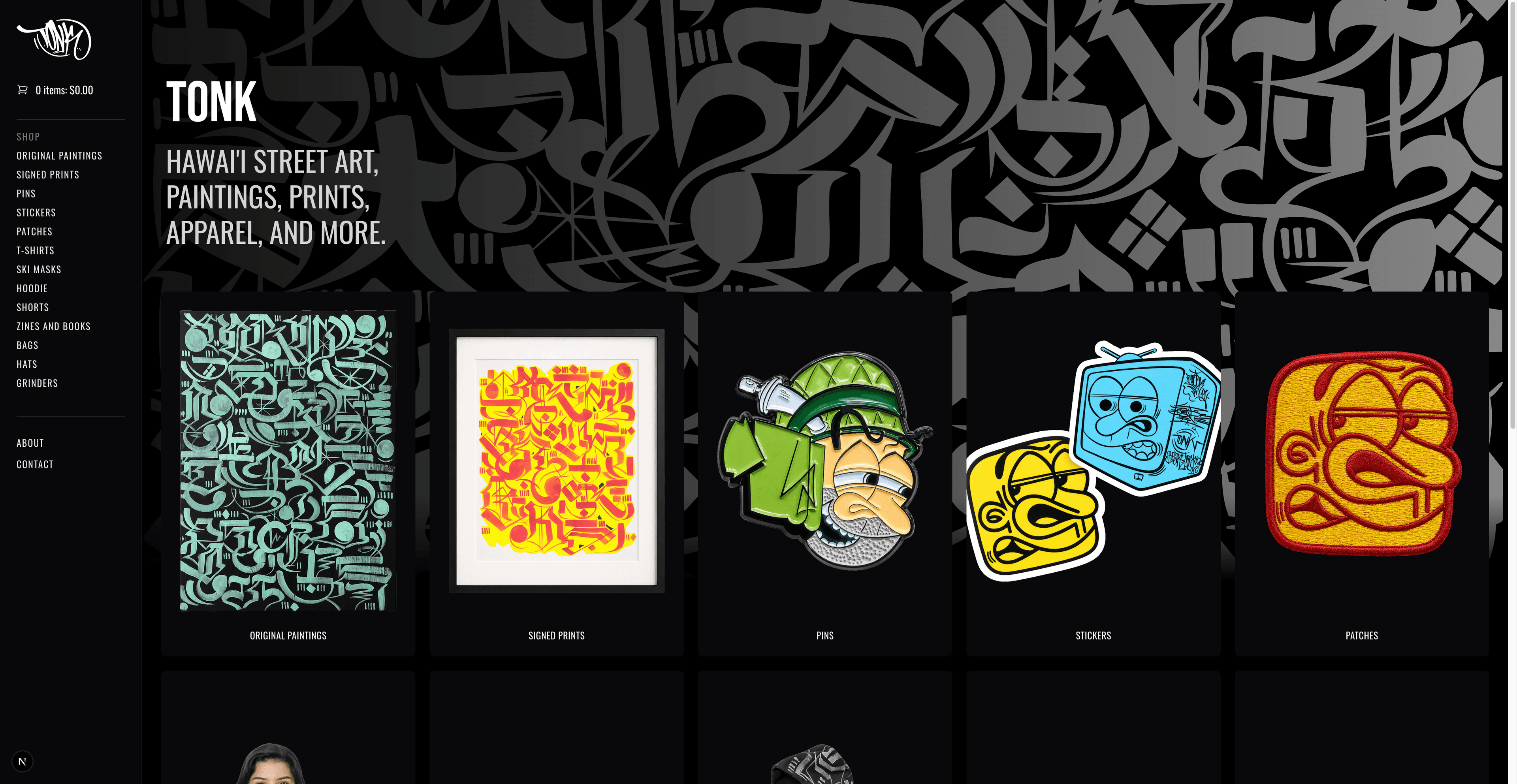 Tonk Hawaiʻi storefront featuring original paintings, signed prints, pins, stickers, and patches